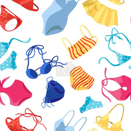 Womens swimsuits, bikini, one-piece swimwear. Hand drawn vector seamless pattern. Colorful ornament for summer, vacation, beach theme. Design for fabric, textile, wallpapers, print, decor, background.