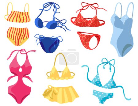 Womens swimsuits, bikini, one-piece swimwear. Collection of hand drawn vector illustrations. Colorful cartoon cliparts isolated on white. Elements for design, print, decor, card, sticker, banner, wrap