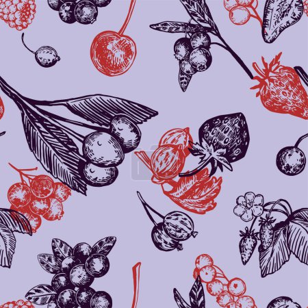 Seamless pattern of different berries. Summer fruit berry ornament. Hand drawn vector illustration. Retro engraving style design for decor, wallpaper, background.