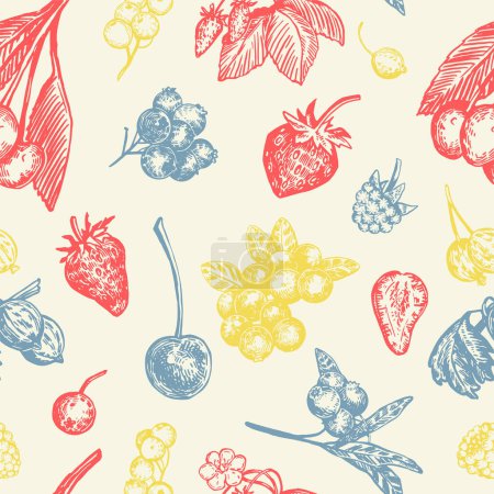 Seamless pattern of different berries. Summer fruit berry ornament. Hand drawn vector illustration. Retro engraving style design for decor, wallpaper, background.