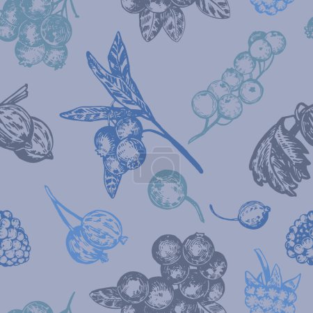 Seamless pattern of different berries. Summer fruit berry ornament. Hand drawn vector illustration. Retro engraving style design in blue tones..