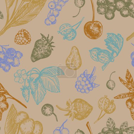 Seamless pattern of different berries. Summer fruit berry ornament. Hand drawn vector illustration. Retro engraving style design..