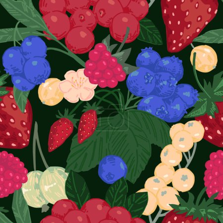 Seamless pattern of different berries. Summer fruit berry ornament. Cartoon flat vector illustration. Fresh abstract design..