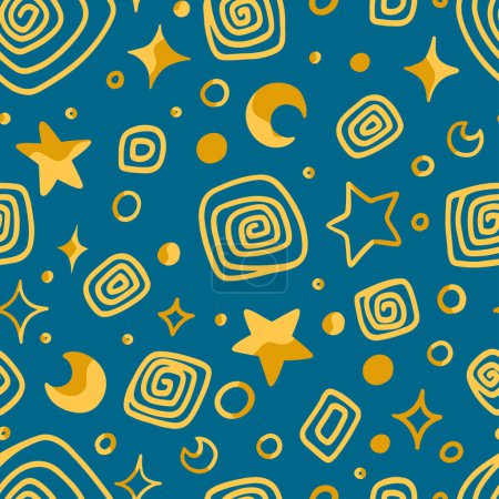 Abstract hand drawn vector seamless pattern. Bright colorful ornament of cute stars, moons, spiral shapes. Universal design for print, wrap, fabric, textile, wallpapers, background, decoration, cards.