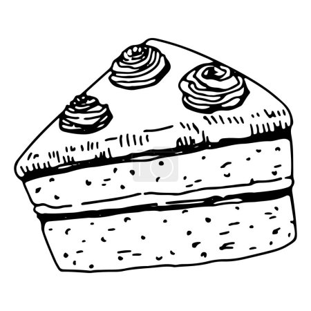 Téléchargez les illustrations : Dessert au gâteau avec croquis à la crème. Illustration vectorielle dessinée à la main dans un style rétro. Nourriture sucrée unique doodle. Décor clipart isolé sur fond blanc. - en licence libre de droit