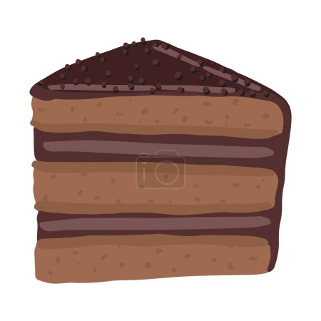 Téléchargez les illustrations : Un morceau de gâteau au chocolat. Illustration vectorielle dessinée à la main dans un style plat. Une seule dose de nourriture sucrée. Clipart de bande dessinée isolé sur fond blanc. - en licence libre de droit