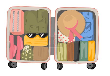 Téléchargez les illustrations : Doodle de valise ouverte pleine de choses. Clipart des bagages de voyage, bagage, attribut de voyage. Illustration vectorielle de bande dessinée isolée sur blanc. - en licence libre de droit