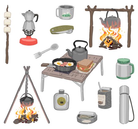 Camping kitchen doodles collection. Set of outdoor kitchenware, campfire supplies. Vector illustration in cartoon style isolated on white.