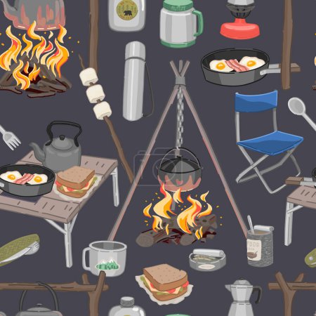 Camping kitchen seamless pattern. Ornament of outdoor kitchenware, campfire supplies. Vector design in cartoon style.