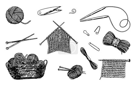 Sketch set of knitting needles, yarn, stitch marker, scissors. Handicraft tools, hobby knitwork doodle. Outline vector illustrations collection.