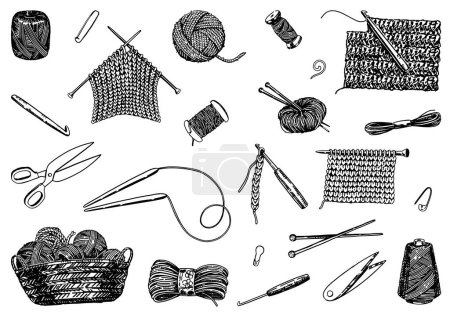 Sketch set of knitting needles, crochet hook, yarn, stitch marker, handicraft tools. Hobby, knitwork doodle. Outline vector illustrations collection.