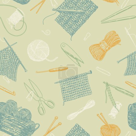 Hobby, knitwork seamless pattern. Ornament of knitting needles, crochet hook, yarn, stitch marker, handicraft tools. Vector design in retro style.