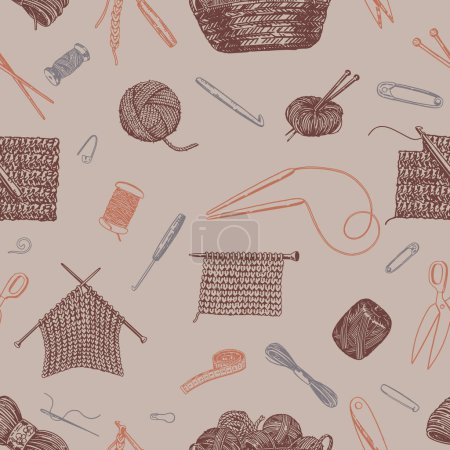 Hobby, knitwork seamless pattern. Ornament of knitting needles, crochet hook, yarn, stitch marker, handicraft tools. Vector design in retro style.