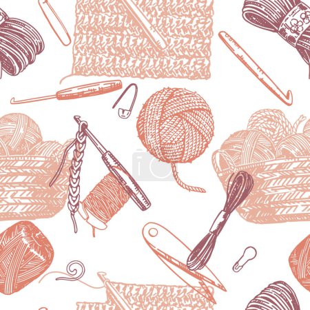 Hobby, knitwork seamless pattern. Ornament of crochet hook, yarn, stitch marker, handicraft tools. Vector design in engraving style.
