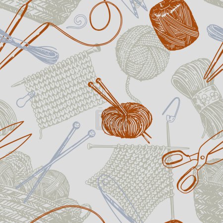 Handicraft tools, hobby knitwork seamless pattern. Ornament of knitting needles, yarn, stitch marker, scissors. Vector design in engraving style.
