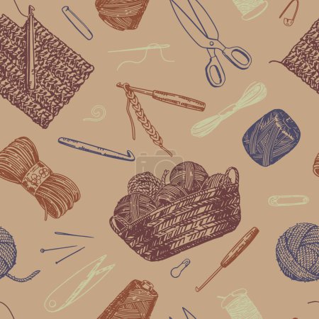Hobby, knitwork seamless pattern. Ornament of crochet hook, yarn, stitch marker, handicraft tools. Vector design in engraving style.