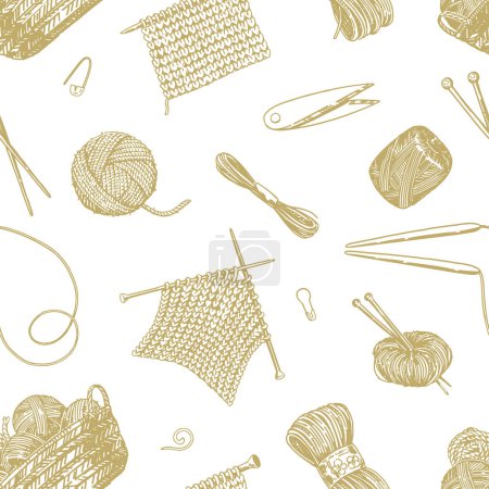 Handicraft tools, hobby knitwork seamless pattern. Ornament of knitting needles, yarn, stitch marker, scissors. Vector design in engraving style.