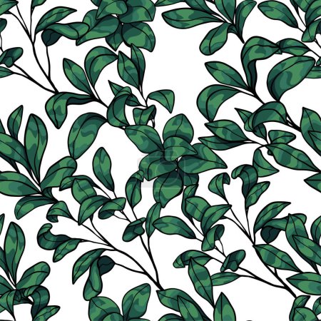 Branches of Fiddle-leaf fig. Hand drawn vector seamless pattern. Colored botanical background. Wallpaper with houseplants vintage drawing. Tropical design for print, card, decor, wrap, fabric, textile