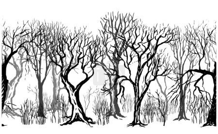 Horizontal graphic seamless pattern. Vector hand drawn illustration in sketch style. Background with different silhouettes of trees and bushes without leaves Monochrome dense forest isolated on white