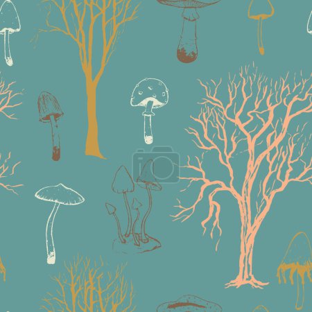  Seamless pattern of different silhouettes of trees and mushrooms. Vector hand drawn ornament in sketch style. 