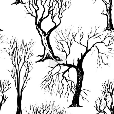 Seamless pattern. Vector hand drawn wallpapers in sketch style. Background with different silhouettes of trees and bushes without leaves