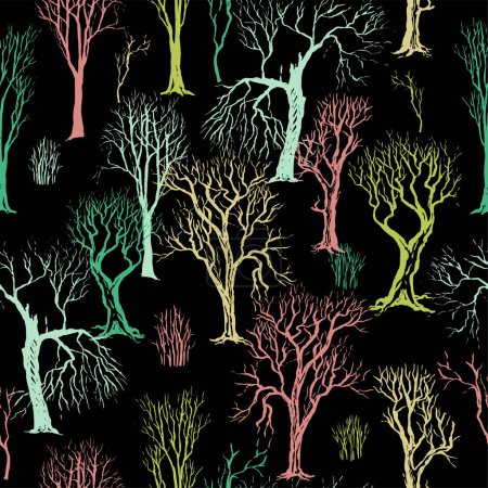 Seamless pattern. Vector hand drawn wallpapers in sketch style. Background with different silhouettes of trees and bushes without leaves. Colorful dense forest Design for wrapping, fabric, prints etc