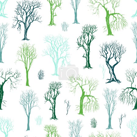 Seamless pattern. Vector hand drawn wallpapers in sketch style. Background with different silhouettes of trees and bushes without leaves. Colorful dense forest Design for wrapping, fabric, prints etc