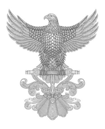 Illustration for Bald eagle spread wing and standing on top of the floral ornament, Vintage engraving drawing style, antique design vector illustration - Royalty Free Image