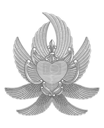 Ilustración de Corazón con ocho alas y adorno, estilo de dibujo grabado Vintage, ilustración vectorial de diseño antiguo - Imagen libre de derechos