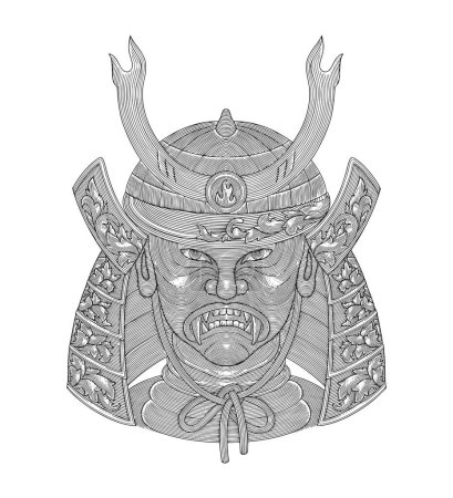 Tête de guerrier samouraï, masque et casque avec ornement floral. Gravure vintage dessin illustration de style