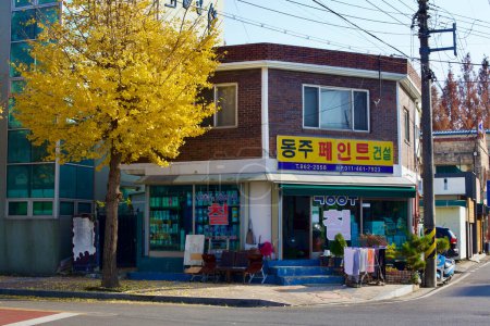 Photo for A quaint Korean storefront sits at a block's corner, complemented by a yellow-leaved tree in fall, creating a picturesque urban autumn scene. - Royalty Free Image