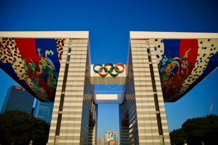 Photo for Seoul, South Korea - June 2, 2023: Early morning front view of the World Peace Gate, featuring the Olympic rings and the dragon-adorned underside of the roof. - Royalty Free Image