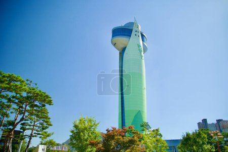 Photo for Hanam City, South Korea - October 1, 2023: A comprehensive view of the entire Hanam Union Tower, captured from below, highlighting its impressive height and unique design. - Royalty Free Image