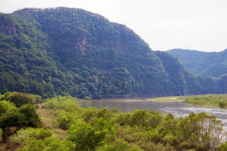 Téléchargez les photos : Andong City, Corée du Sud - 12 août 2023 : Une vue un peu floue sur une montagne au bord de la rivière, avec des arbres verts couvrant son visage abrupt et s'étendant à la région ci-dessous, créant un paysage naturel serein et pittoresque. - en image libre de droit