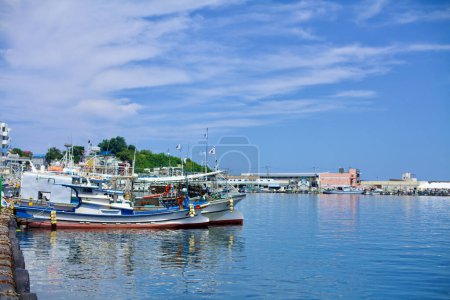 Téléchargez les photos : Gangneung City, Corée du Sud - 29 juillet 2019 : Une vue sereine des bateaux de pêche ancrés au port de Jumunjin, avec un ciel bleu clair s'étendant au-dessus, symbolisant l'activité maritime animée du port. - en image libre de droit