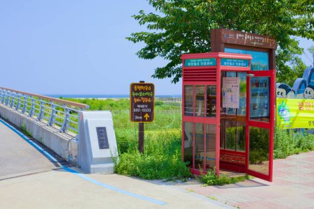 Téléchargez les photos : Comté de Goseong, Corée du Sud - 30 juillet 2019 : Le Bukcheon Railroad Bridge Certification Center, un stand rouge pour les cyclistes qui tamponnent leur passeport vélo, surplombe les marais verts menant à la plage de la mer de l'Est, marquant un endroit mémorable le long du bi de la Corée - en image libre de droit