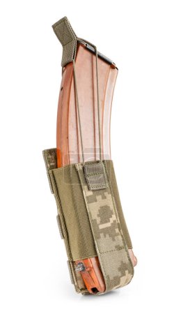 Photo for Military pouch in pixel camouflage with bullet magazine inside on white background. Military tactical gear. - Royalty Free Image
