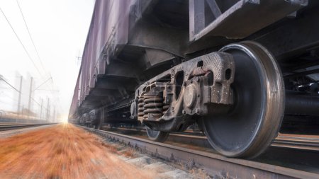 Photo for A heavy freight train travels quickly by rail. Sensation of movement by blurring the background. Fast cargo delivery by train. Side bottom view of the train - Royalty Free Image