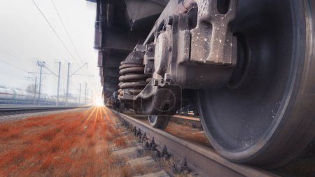 Photo for Bottom View of the wheels of a train traveling fast by rail. Fast cargo delivery by train. Blurred background gives a motion effect. - Royalty Free Image