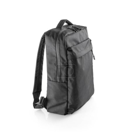 Photo for Black casual backpack in white background. Fabric rucksack with zip compartments. Side view. - Royalty Free Image