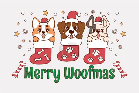 Ilustración de Adorable ilustración de pequeños perros de Navidad, perros dentro de medias de Navidad, cachorros dentro de calsetin de Navidad con sombreros de Navidad. - Imagen libre de derechos