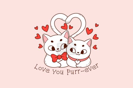 Ilustración de Lindos gatos enamorados para el día de San Valentín, gatos enamorados formando un corazón con sus colas - Imagen libre de derechos