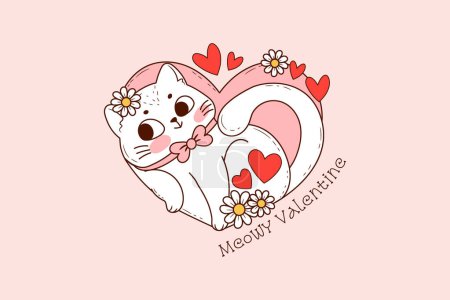 Ilustración de Lindo gatito blanco sonriendo dentro de un corazón rosa y rodeado de corazones y flores para el día de San Valentín - Imagen libre de derechos
