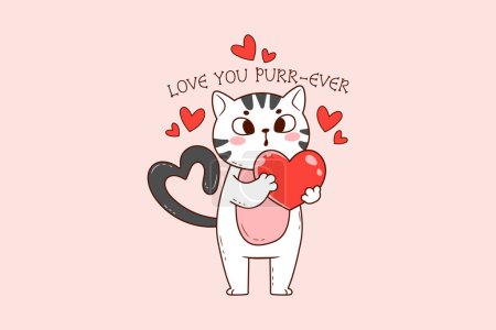 Ilustración de Lindo gato sosteniendo un rojo corazón en sus manos para el día de San Valentín - Imagen libre de derechos