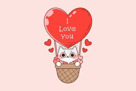 Illustration for Cute cat inside a heart-shaped air balloon flying through the air for valentine's day - Royalty Free Image