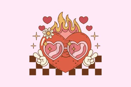 Illustration for Retro illustration of heart with heart glasses, fire and flames - Royalty Free Image