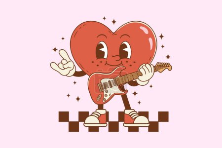 Illustration for Retro illustration of heart holding an electric guitar for playing music - Royalty Free Image
