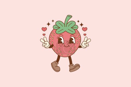 Illustration for Cute retro illustration of strawberry walking and smiling - Royalty Free Image