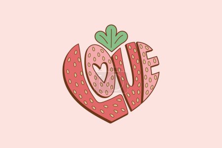 Téléchargez les illustrations : Illustration mignonne du mot amour avec texture de peau de fraise, mot amour en forme de coeur et texture de fraise - en licence libre de droit
