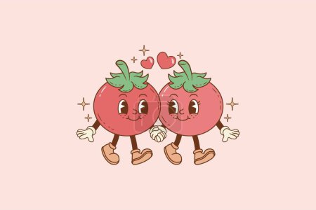 Téléchargez les illustrations : Illustration rétro de deux tomates amoureuses, tomates en couple - en licence libre de droit
